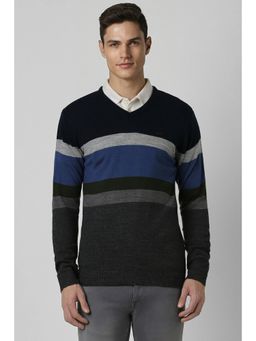Peter England - Men Grey Colorblock V Neck Sweater