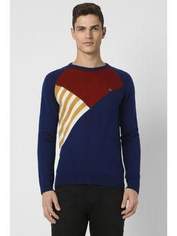Peter England - Men Navy Colorblock Crew Neck Sweater