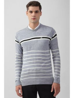 Peter England - Men Grey Stripe Crew Neck Sweater