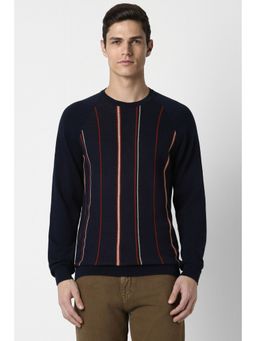 Peter England - Men Navy Stripe Crew Neck Sweater