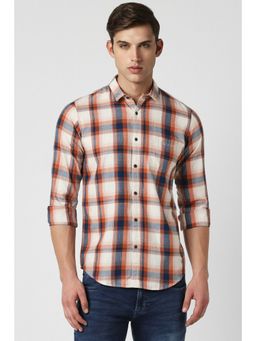 Peter England - Men Cream Slim Fit Check Full Sleeves Casual Shirt