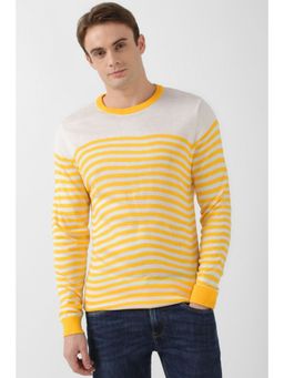 Peter England - Men Yellow Stripe Crew Neck Sweater