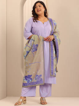 Extra love by Libas - Plus Size Lavender Solid Viscose Rayon Straight Suit Set With Dupatta