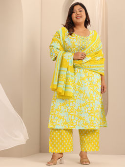 Extra love by Libas - Plus Size Women Yellow Floral Printed Kurta Pant and Dupatta