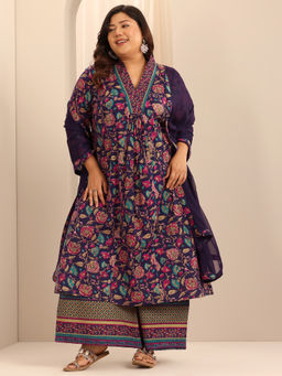 Extra love by Libas - Purple Floral A-Line Pleated Kurta Palazzo & Dupatta (Set of 3)