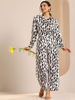 Libas - White Abstract Printed Satin Co-Ord (Set of 2)