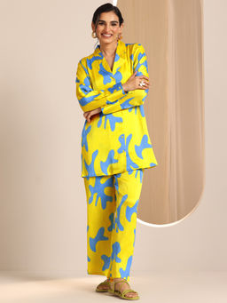 Libas - Yellow Abstract Printed Satin Co-Ord (Set of 2)