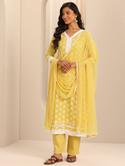 Libas - Yellow Floral Embroidered Kurta Pant and Dupatta (Set of 3)