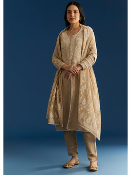 KALKI FASHION - Beige Jamdani Thread & Sequins Kurta Pant and Dupatta (Set of 3)