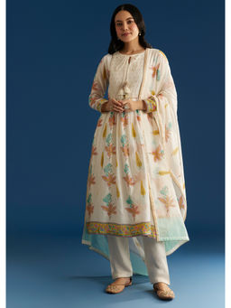 KALKI FASHION - Beige Block Print Chanderi Anarkali Pant And Dupatta (Set of 3)