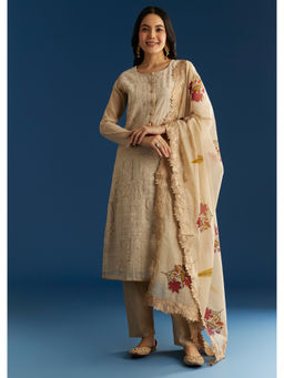 KALKI FASHION - Beige Jamdani Thread Work Kurta Pant and Dupatta (Set of 3)