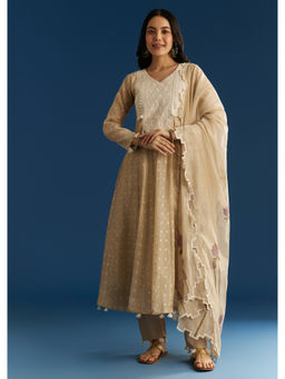 KALKI FASHION - Beige Jamdani Anarkali Pant With Thread Work Yoke Dupatta (Set of 3)