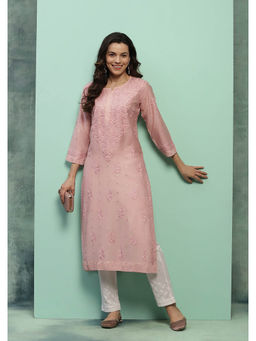 House of Chikankari - Chanderi Chikankari Womens Long Kurta - Dust Pink