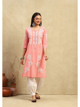 House of Chikankari - Cotton Chikankari Printed Womens Long Kurta - Peach