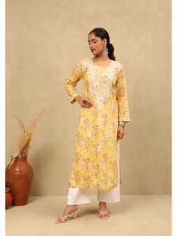 House of Chikankari - Mulmul Chikankari Printed Womens Long Kurta -Yellow