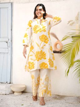 GULABI DORI - Women Floral Printed Yellow Cotton Slub Co-Ord Set