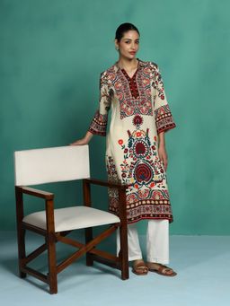 Shree - Women Liva Beige Floral Printed Straight Kurta