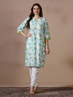 Shree - Women Cotton White Floral Printed Straight Kurta