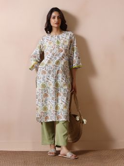 Shree - Women Cotton Off White Floral Printed Straight Kurta