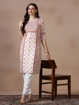Shree - Women Cotton Slub White Floral Printed Straight Kurta