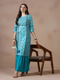 Shree - Women Cotton Slub Blue Floral Printed Straight Kurta