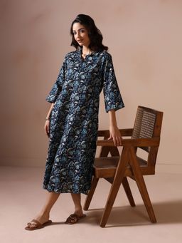 Shree - Women Indigo Cambric Floral A-Line Dress