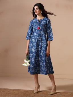 Shree - Women Blue Cambric Floral A-Line Dress