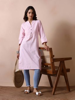 Shree - Women Poly Cotton Pink Yarn Dyed Striped Straight Kurta