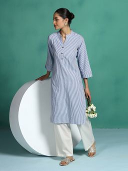 Shree - Women Poly Cotton Blue Yarn Dyed Striped Straight Kurta