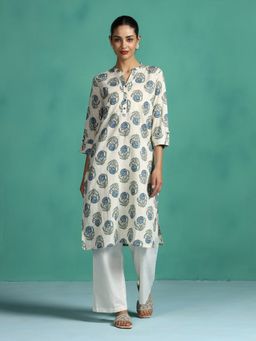 Shree - Women Cotton Teal Floral Printed Straight Kurta