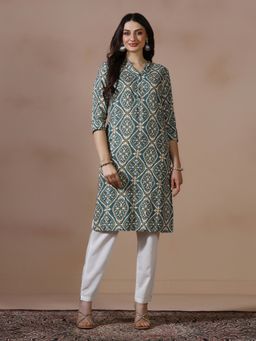 Shree - Women Liva Teal Printed Straight Kurta