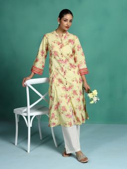 Shree - Women Cotton Yellow Floral Print A-Line Kurta