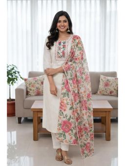 Anveri Textiles - Women Anveri Elegant White Embroidered Kurta with Pant and Dupatta