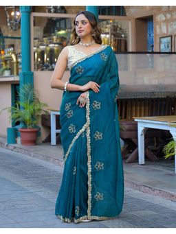 SATRANI - Blue Sequins Embroidery Lace Hand Work Crush Tissue Saree With Unstitched Blouse