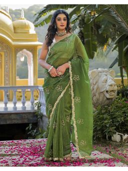 SATRANI - Green Sequins Embroidery Lace Hand Work Crush Tissue Saree With Unstitched Blouse