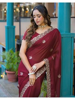 SATRANI - Magenta Sequins Embroidery Scalloped Border Georgette Saree With Unstitched Blouse