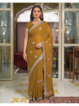 SATRANI - Dusty Mustard Sequins Embroidery Border Georgette Saree With Unstitched Blouse