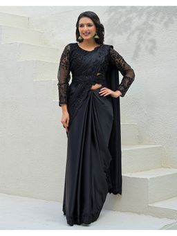 SATRANI - Black Sequins Embroidery Scalloped Border Satin Saree With Unstitched Blouse