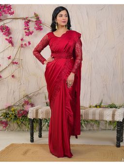 SATRANI - Red Sequins Embroidery Scalloped Border Satin Saree With Unstitched Blouse