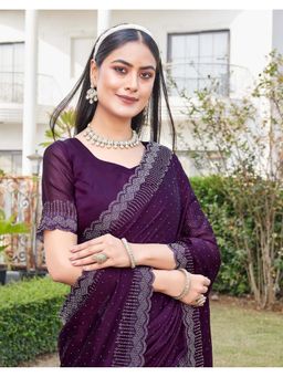 SATRANI - Wine Stone Work Scalloped Border Silk Saree With Unstitched Blouse