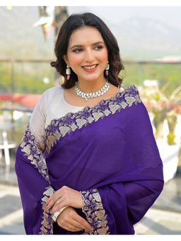 SATRANI - Purple Embroidery Scalloped Border Shimmer Georgette Saree With Unstitched Blouse