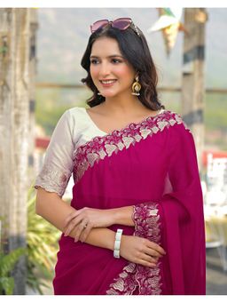 SATRANI - Rani Pink Embroidery Border Shimmer Georgette Saree With Unstitched Blouse