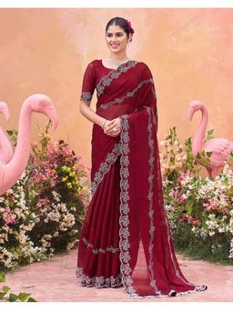 SATRANI - Maroon Stone Work Border Shimmer Chiffon Saree With Unstitched Blouse