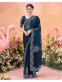 SATRANI - Navy Blue Stone Work Border Shimmer Chiffon Saree With Unstitched Blouse