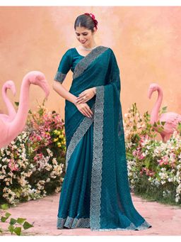 SATRANI - Blue Stone Work Scalloped Border Shimmer Chiffon Saree With Unstitched Blouse