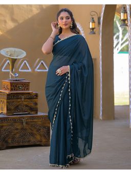 SATRANI - Rama Blue Lace Shimmer Georgette Saree With Unstitched Blouse
