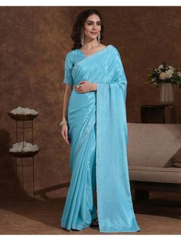 SATRANI - Sky Blue Stone Work Chinon Chiffon Saree With Unstitched Blouse