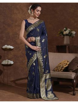 SATRANI - Navy Blue Weaving Silk Saree With Unstitched Blouse