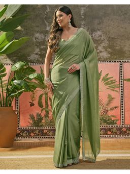 SATRANI - Mehndi Green Stone Work Shimmer Georgette Saree With Unstitched Blouse