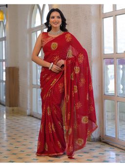 SATRANI - Women Red Bandhani Printed Georgette Saree With Unstitched Blouse
